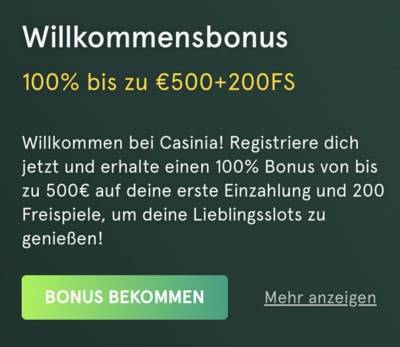 200 Freispiele für 20€ als Willkommenbonus beim Casinia online Casino.