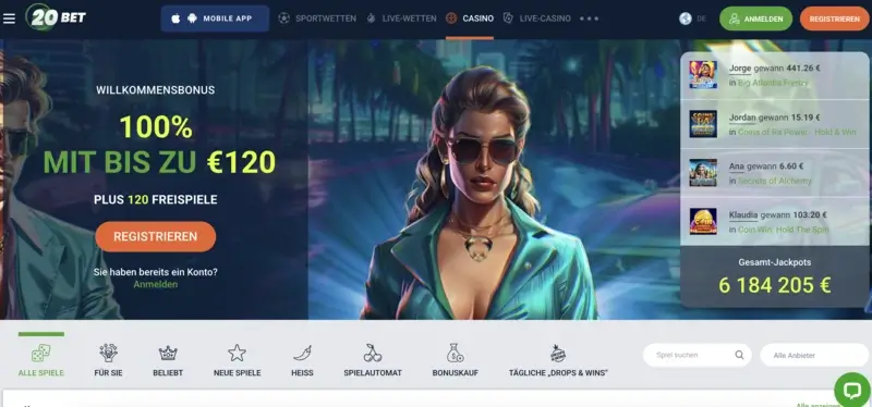 Startseite und Willkommensbonus vom 20Bet Casino.