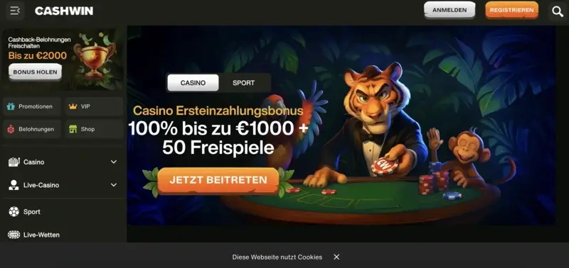 Startseite und Willkommensbonus vom Cashwin Casino.