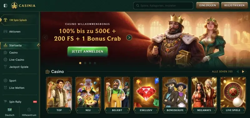 Startseite und Willkommensbonus vom Casinia Casino.