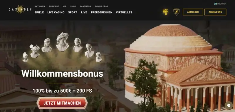 Startseite und Willkommensbonus vom Casinoly Casino.