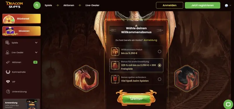 Startseite und Willkommensbonus vom DragonSlots Casino.