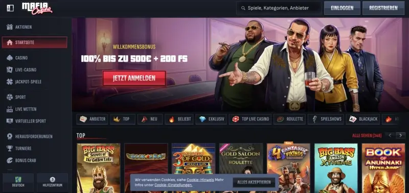 Startseite und Willkommensbonus vom Mafia Casino.