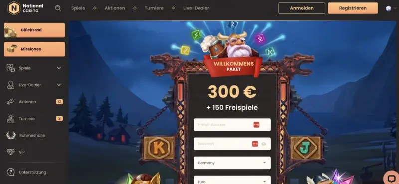 Startseite und Willkommensbonus vom National Casino.