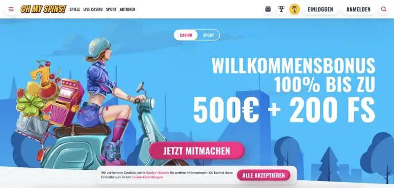 Startseite und Willkommensbonus vom OhMySpins Casino.