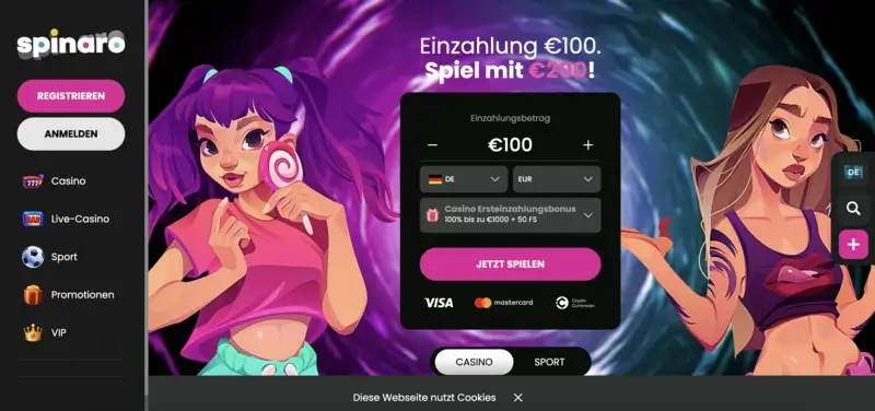 Startseite und Willkommensbonus vom Spinaro Casino.