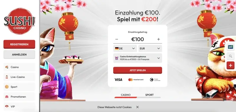 Startseite und Willkommensbonus vom Sushi Casino.